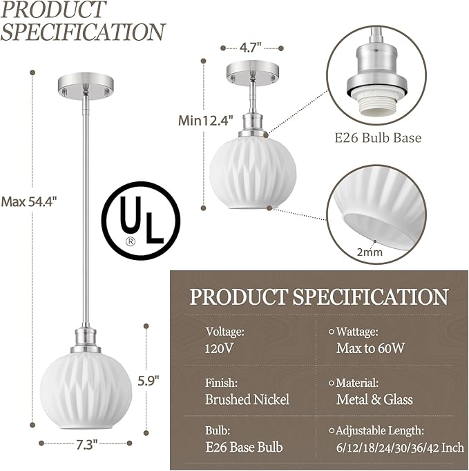 Milk Glass Pendant Lights Kitchen Island, 1-Light 7.1" Brushed Nickel Modern Pendant Light Fixtures with Rods, Globe Hanging Lighting for Kitchen Sink Bathroom Dining Room, E26 Base