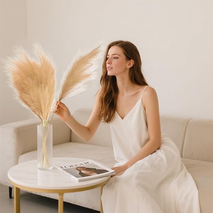 8 Pcs Khaki Tall Faux Pampas Grass Decor, 45 Inches Artificial Pampas Grass Bulk, Large Faux Pompas Dried Decor for Floor Vase Filler, Home Boho, Wedding Anniversaries, Baby Shower Decoration