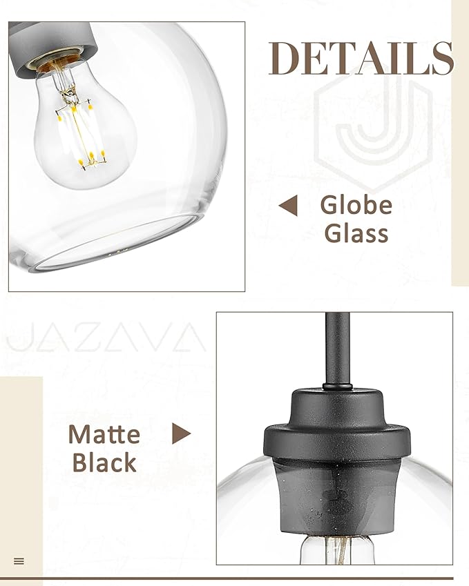 Matte Black Pendant Light, Mid Century Globe Haning Light Fixture Ceiling with Clear Glass for Kitchen Island Dining Room Bedroom Hallway Foyer (1 Pack), PL101BK