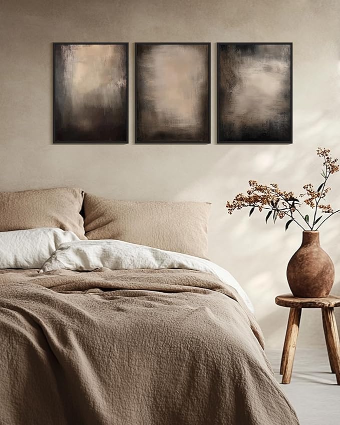 KUVIOKE Abstract Framed Wall Art Set Earthy in Deep Brown and Beige Tones Modern Art Decorative Home Decor 12x16in (Black Framed)