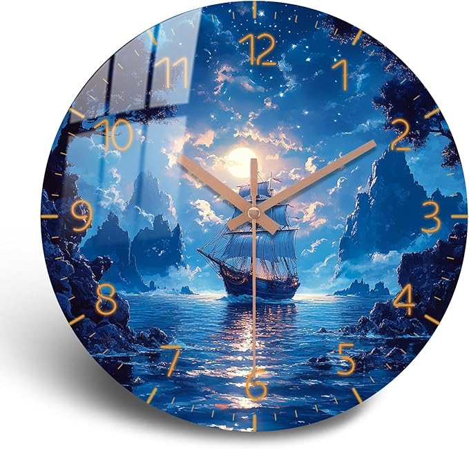 Large Coast Wall Clock 16 inch Modern Beach Wall Clock Wooden Silent Analog Clock for Office, Living Room Marine Decoration Battery Operated