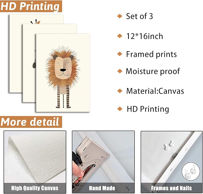 Safari Nursery Wall Art Baby Animal Canvas Wall Decor Cute Giraffe Lion Zebra Jungle Pictures Prints Posters for Baby Boy Girl Children's Room Bedroom Home Decorations 12x16inx3 Framed