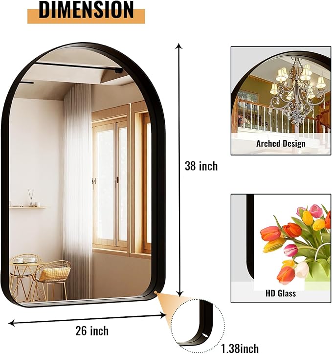 38"x26" Arched Bathroom Mirror - Modern Black Mirror for Wall with Rounded Corners, Bathroom Mirror for Vanity, Aluminum Alloy Framed Mirror - for Living Room, Bedroom, Cloakroom