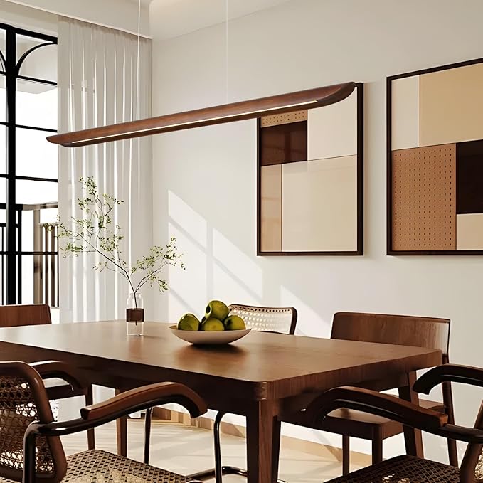 55" Wood Linear Pendant Light, Dimmable Kitchen Island Lighting with Remote, 40W LED Island Lights for Kitchen, Adjustable Linear Chandelier for Dinning Room Light Fixture, Bar, Pool Table Light