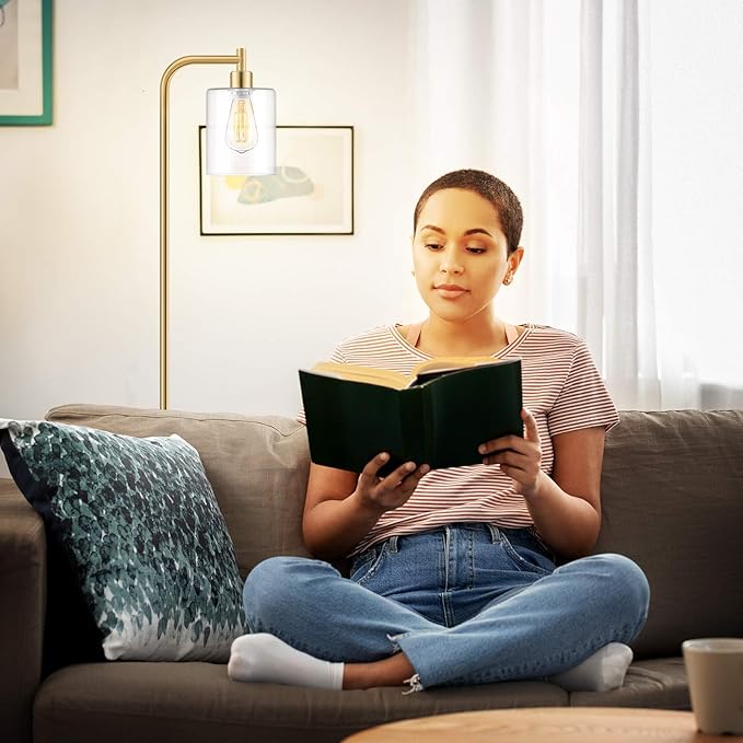 Industrial Floor Lamp with Hanging Glass Shade Brass Gold Farmhouse Indoor Pole Light with Edison E26 Base Vintage Rustic Standing Tall Lighting for Living Room Bedroom Office(ST64 Bulb Included)