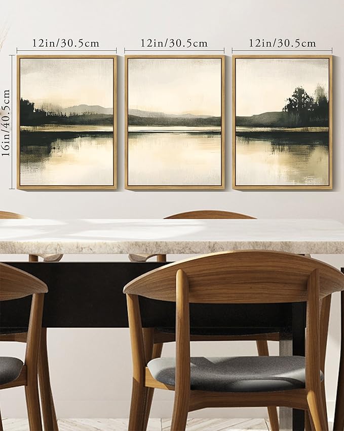 KUVIOKE Watercolor Abstract Mountain Lake Framed Wall Art Brown Landscape Nature Wilderness Painting Nordic Neutral Tan Illustration Decorative Home Decor 12x16in (Natural Framed)