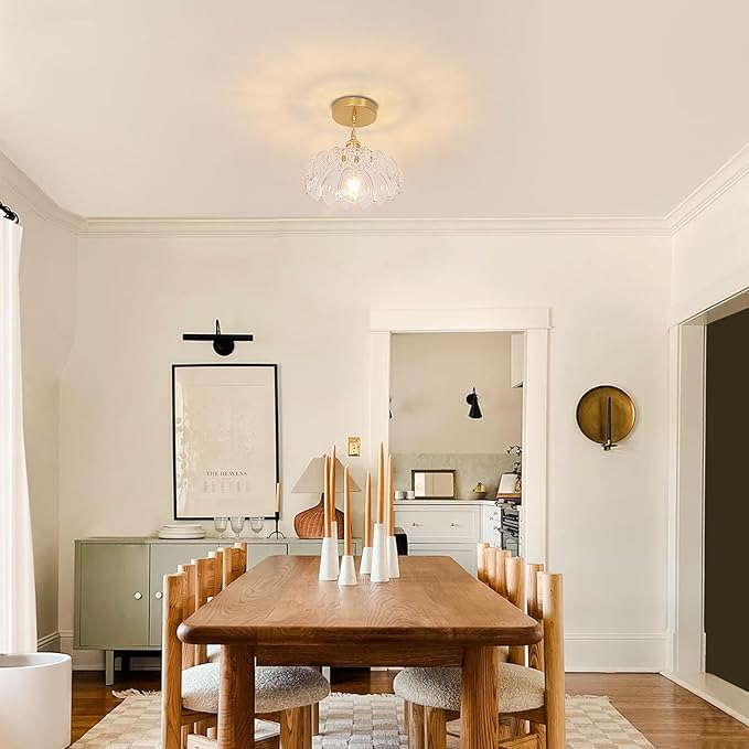 Pendant Light with Clear Scindapsus Glass Lmapshade, Brass Vintage Pendant Light Adjustable Hanging Light for Kitchen Island Dining Room Hallway