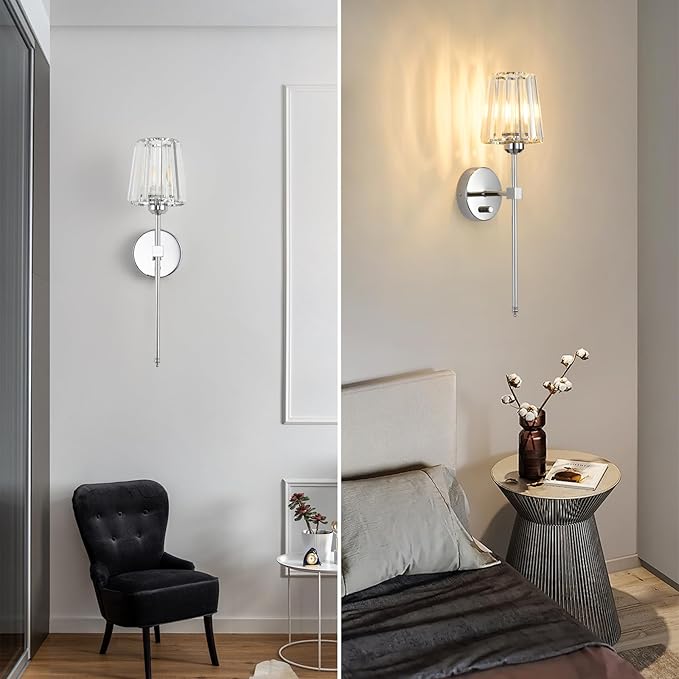 Crystal Wall Sconces Set of 2, Dimmable Wall Sconce with Plug in Cord and Dimmer Chrome Plug in Wall Lamp Wall Mounted Light with Crystal Shade for Living Room Bedroom Vanity Light, Bulbs Included