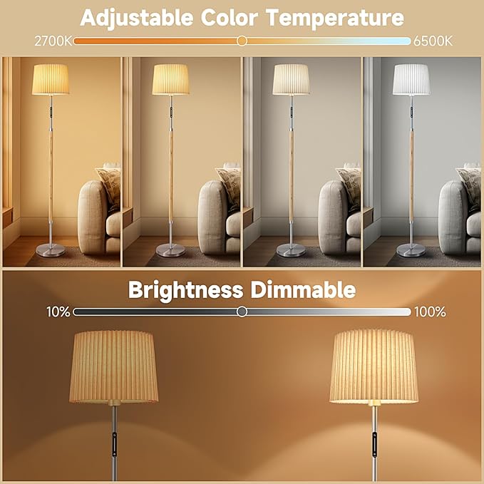 Floor Lamps for Living Room, 61" Natural Wood Floor Lamp with Remote & Touch Control, Stepless Dimmable, Modern Farmhouse Standing Lamp with Double-Layer Pleated Lampshade for Bedroom Office