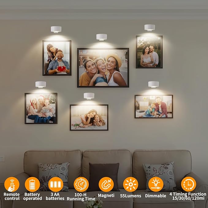 3 Pcs Battery Operated Picture Lights for Wall, Wireless LED Poster Lights with 3 Lighting Modes,Magnetic Gallery Art Light for Paintings, Dimmable and Timer Artwork Light(White)