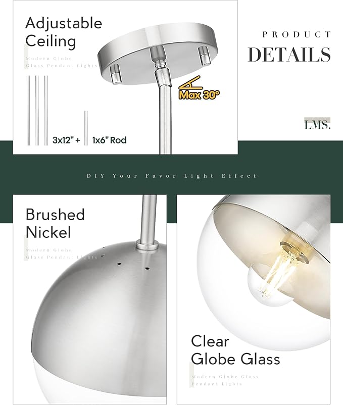 LMS Modern 1-Light Pendant Light Fixtures, Brushed Nickel Kitchen Island Pendant Light Fixtures with Clear Globe Glass, Adjustable Hanging Rod Ceiling Light for Dining Room Bathroom, LMS-186BNC