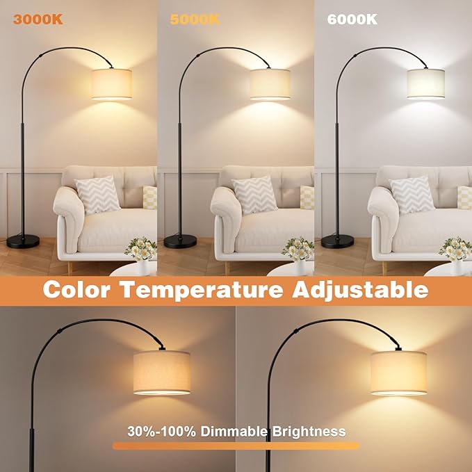 Ambimall Dimmable Arc Floor Lamp with Remote, Color Temperatures and Brightness Adjustable, Arched Floor Lamp with Rotating Head, Over Couch Arched Reading Light for Living Room (Deep Beige and Black)