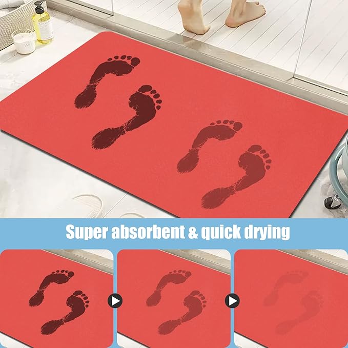 Large Bathroom Rugs Diatomaceous Earth Bath mat Super Absorbent Quick Dry Non Slip Bath Mat Thin Bathroom Floor Mats Fit Under Door-Shower Rug for in Front of Bathtub Shower, Red, 19.6"x31.5"
