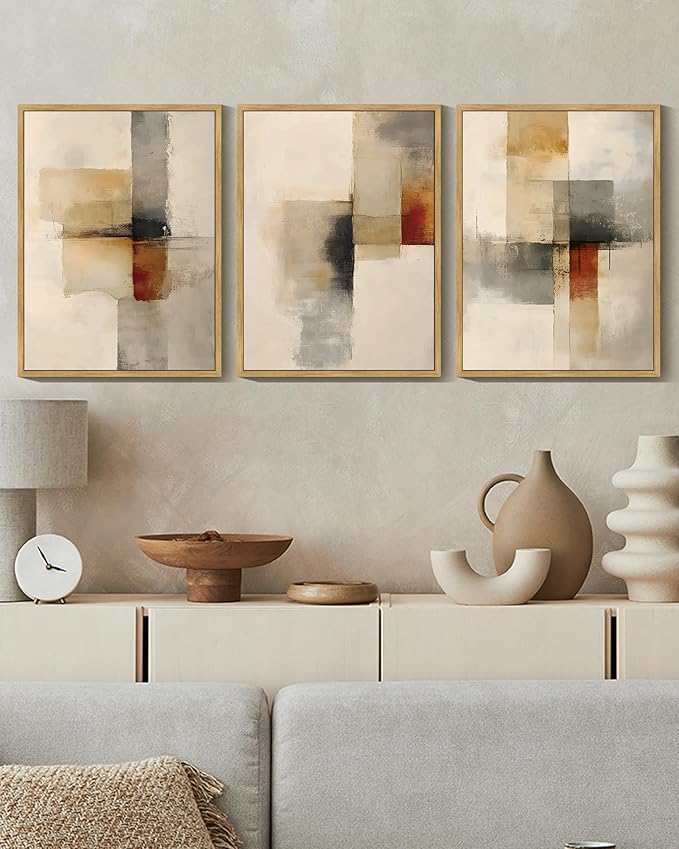 KUVIOKE Framed Abstract Wall Art Minimalist Beige Gray Red Pastel Watercolor Wall Decor Modern Neutral Art Print Home Decor 12x16in (Natural Framed)