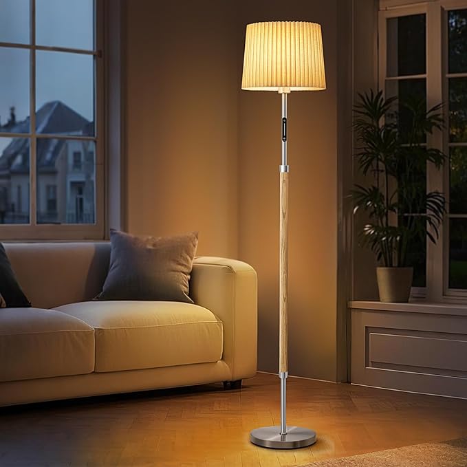 Floor Lamps for Living Room, 61" Natural Wood Floor Lamp with Remote & Touch Control, Stepless Dimmable, Modern Farmhouse Standing Lamp with Double-Layer Pleated Lampshade for Bedroom Office