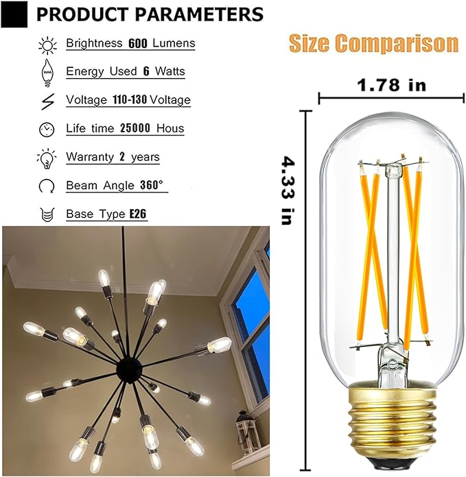 Leools E26 LED Bulb 6W Equivalent e26 led Bulb 60 Watt Soft White 3000K Dimmable E26 Edison Bulb AC120V 600lm Tubular T14 LED Bulb for Pendant, Sputnik,Vanity,Chandeliers Pack of 6