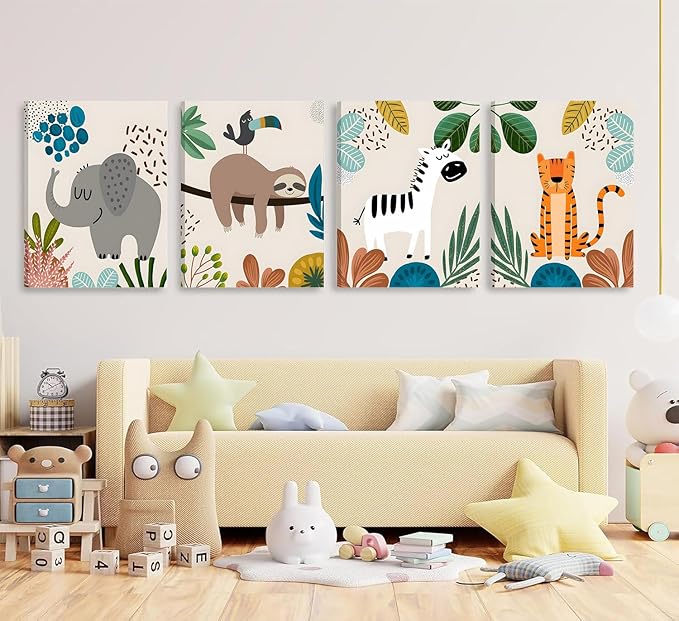 4pcs framed Baby Safari Nursery Wall Art Zebra elephant tiger monkey Pictures Poster Cute Animal Canvas Paintings Prints Decor for Kid Room Baby Room Wall Decor