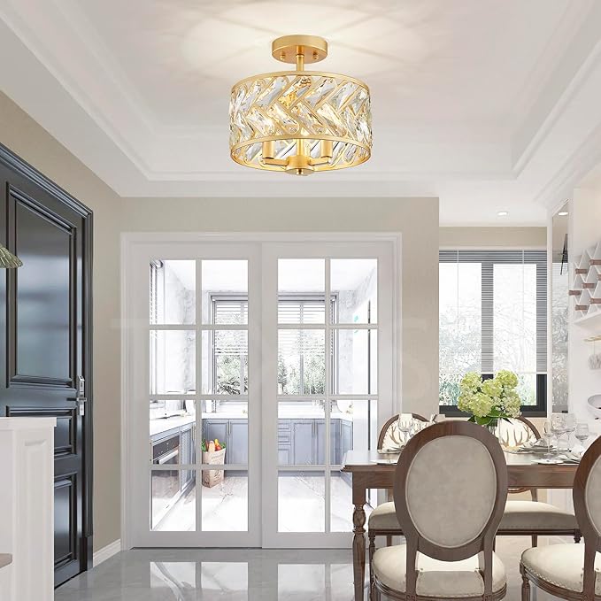 Shrine Lighting Crystal Ceiling Light, Gold Crystal Chandelier for Living Room, D12.4'' x H11.2'', E12*3 Sockets, Ctystal Lampshade & Gold Finish Frame