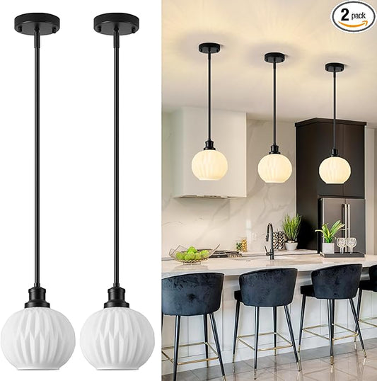 Black Pendant Lights Kitchen Island 2 Pack, 7.3" Milk Glass Modern Pendant Light Fixtures with Rods, Globe Hanging Lighting for Kitchen Sink Bathroom Dining Room, E26 Base