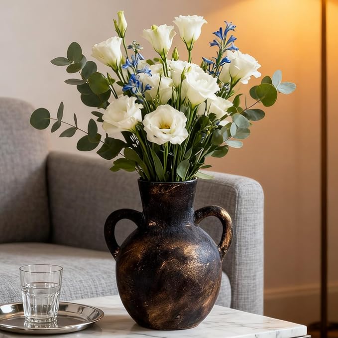 Rustic Ceramic Farmhouse Flower Vase with 2 Handles, Whitewashed Terra Cotta Vase, Decorative Pottery Flower for Home Decor, Table, Living Room, Shelf Decor, 7.3 Inch, Bronze