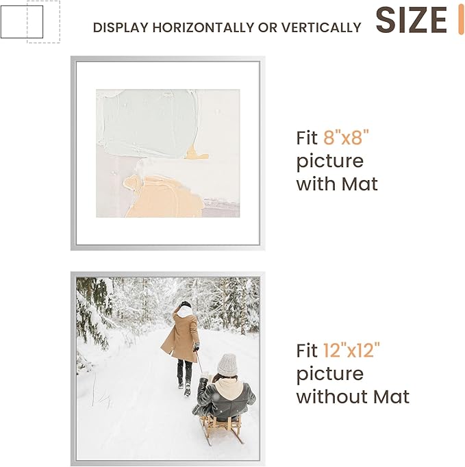 12x12 Metal Picture Frame Silver, 12x12 Durable Thin Aluminum Photo Frames with Removable Mat for 8x8 Photo, Wall Hanging Metal Poster Frame with High Definition Plexiglass, Set of 1