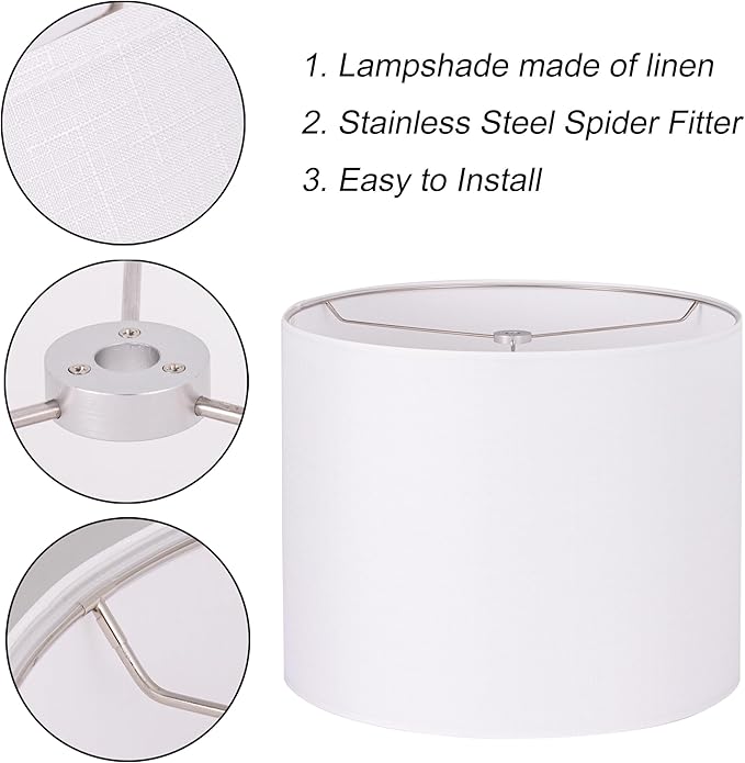 Wellmet 16"x16"x12" Assembly Required Lampshade for Table Lamp, Bedside Lamp, Floor Lamp, Fabric Drum Lampshade Classic Modern Style, Spider Fitter, White