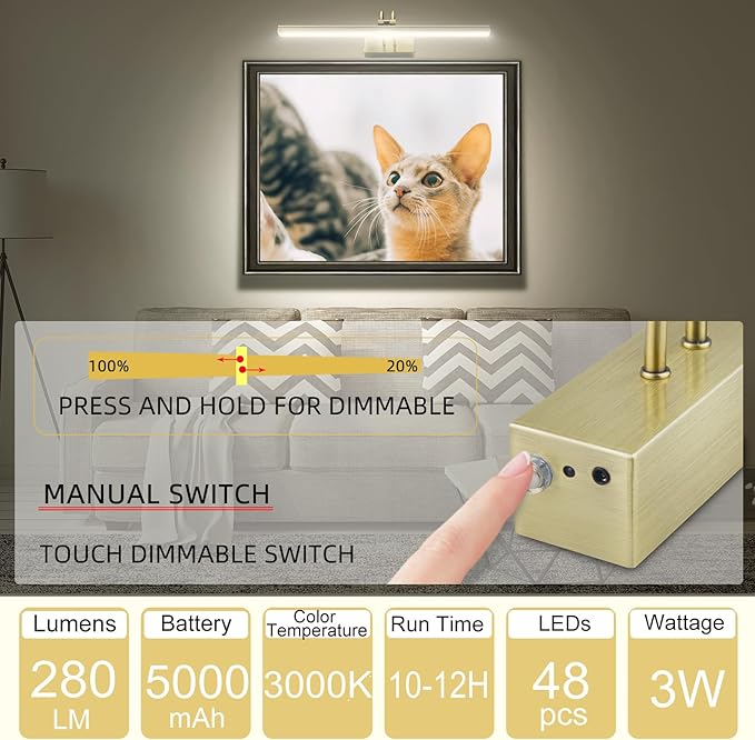 FUNCHDAY Picture Light, Wireless Rechargeable Gallery Lights with Remote, 280LM 48 LED Dimmable Painting Lighting, 16in Battery Operated Art Lights for Paintings,Wall Artwork (Antique Brass)