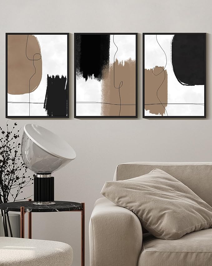 KUVIOKE Neutral Abstract Framed Wall Art Beige Mid Century Textured Wall Decor Minimalist Line Modern Illustrations Art Print Home Decor 11x14in (Black Framed)