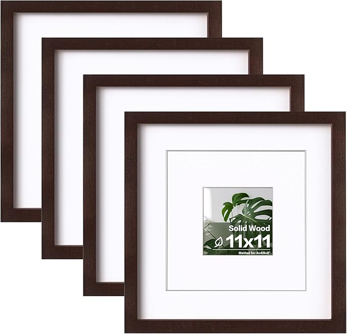 Egofine 11x11 Picture Frames 4 Pack Covered by Plexiglass, Display Pictures 8x8 with Mat or 11x11 Without Mat Made of Solid Wood for Table Top Display and Wall Mounting Photo Frame, Walnut Color