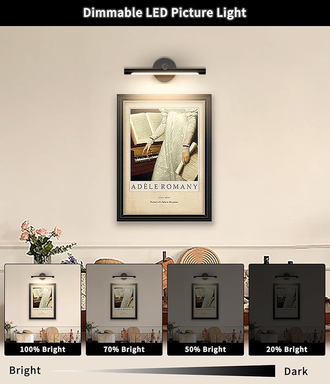 JUSHENG Black Picture Light Hard-Wired 16.34'' Inch, Modern Dimmable LED Picture Lights for Paintings Full Metal Gallery Light Wall Art Light 7W 3000K 110V AC