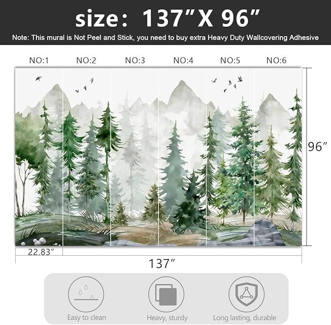 -Green Cartoon Pine Forest Nursery Fabric Wallpaper for Boys and Girls Children's Bedroom Living Room Woodland Plants Large Wall Mural- 137"x96"（ not Peel and Stick）