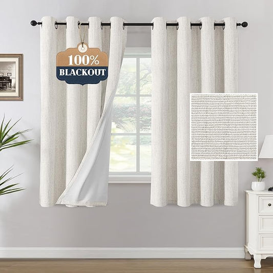 H.VERSAILTEX Chenille Linen Blackout Curtains for Bedroom 63 Inches Long Thermal Insulated Textured Linen Look Curtains with White Flocking Coating Back, Heathered Ivory(Not Solid)
