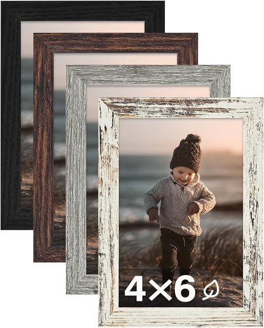 KINLINK 4x6 Picture Frames, Mix Color Photo Frames with Plexiglass for Table Top and Wall Mounting, Composite Wood Picture Frames for Horizontal or Vertical Display, Set of 4