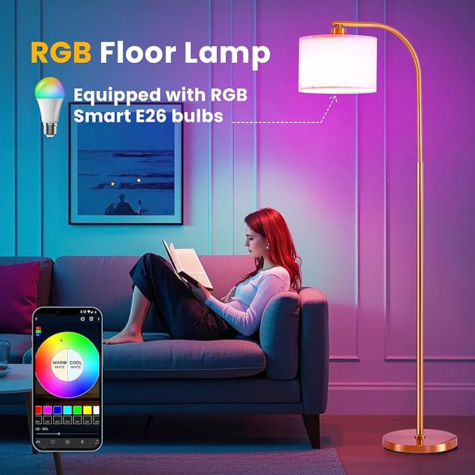 Floor Lamp for Living Room with Remote,Dimmable Tall Standing Lamps,Modern Floor Light with Smart RGB Bulb,App Control,3 Color Temperatures,Fabric Shades,Gold Floor Lamp for Bedroom Office Corner