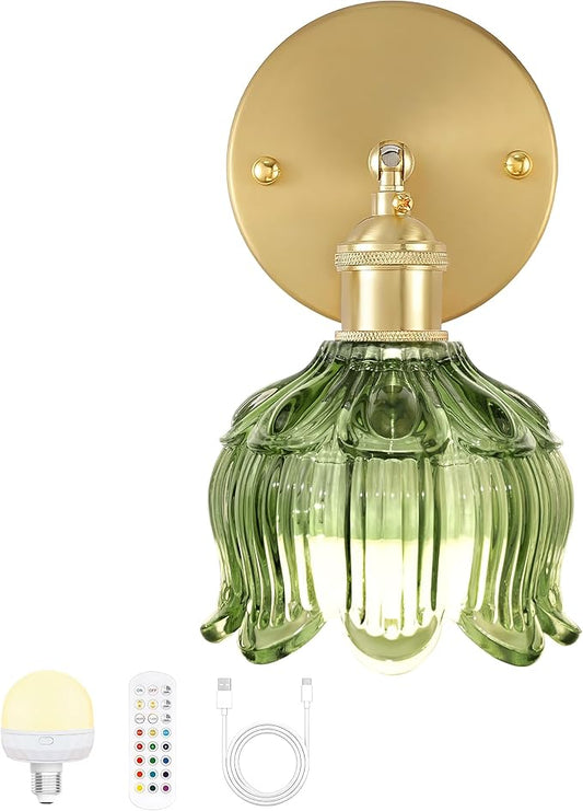 Vintage Battery Operated Wall Sconce with Remote Control,Wall Lamp with Flower lampshade,Rechargeable Battery Powered Wall Lights with 15 Colors for Beside Bedroom Living Room Doorway,Flower Green