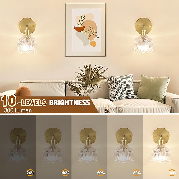 Battery Operated Wall Sconce with Remote Control,Vintage Wall Lamp with Flower lampshade,Rechargeable Battery Powered Wall Lights with 15 Colors for Beside Bedroom Living Room Doorway,Flower Clear