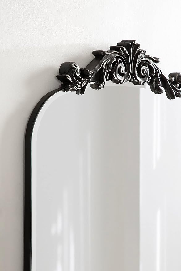 Kate and Laurel Arendahl Ornate Beveled Frameless Arched Mirror; 20 x 30; Black; Decorative Baroque Style Wall Mirror with Ornamental Crown Top