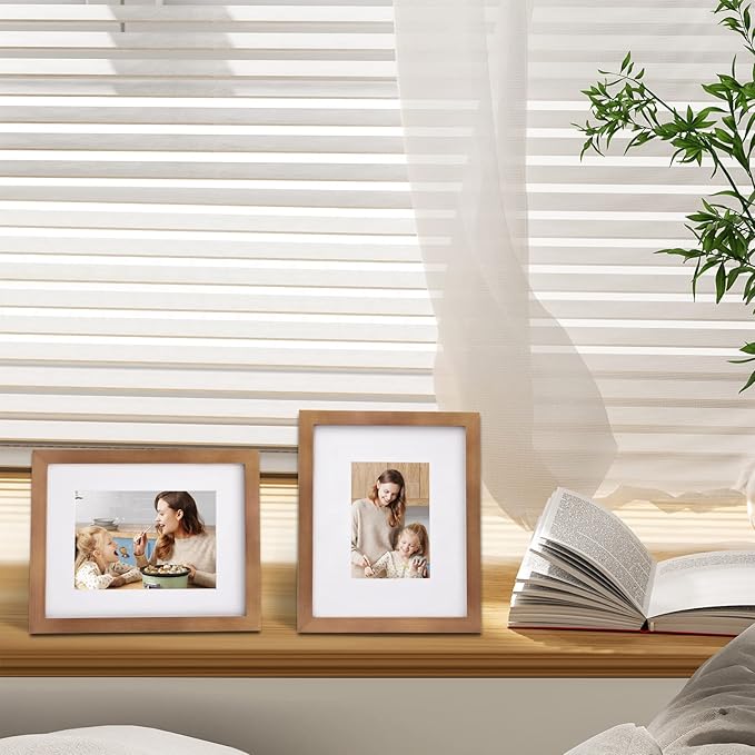Egofine 8x10 Picture Frames 4 Pack, for Pictures 4x6 or 5x7 with Mat Made of Solid Wood Covered by Plexiglass for Table Top Display and Wall Mounting Photo Frames, Light Brown