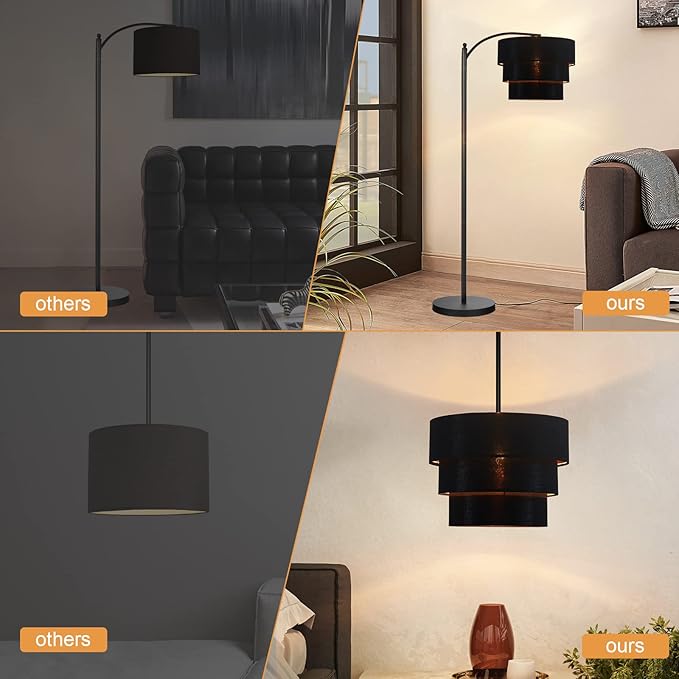 EDISLIVE 3-tier Drum Linen Lamp Shade for Pendant Lamp Floor Lamp Chandelier Replacement Shade Clip on Bulb Classic Round Lampshade Cover Only (Black)