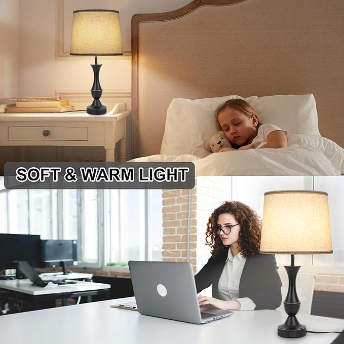Touch Lamps for Bedrooms Set of 2, Farmhouse Table Lamp with USB C Charging Port, 3 Way Dimmable Nightstand Lamps with Linen Fabric Lampshade for Bedroom, Living Room (Pack2-Black)