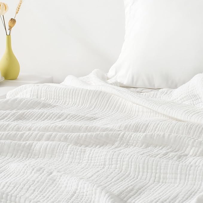 Carriediosa 100% Cotton Muslin Throw Blanket 108" X 90" King Size，4-Layers Summer Gauze Throws for Bed Couch，Soft Lightweight Breathable Linen Blankets Bedspread for Adults All Season，White