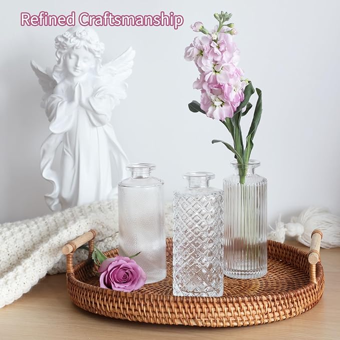 CUCUMI 24 Small, Glass Bud Vase Set for Flowers in Bulk for Rustic Wedding Decorations Vintage Look Home Table Decor, Centerpieces, Clear