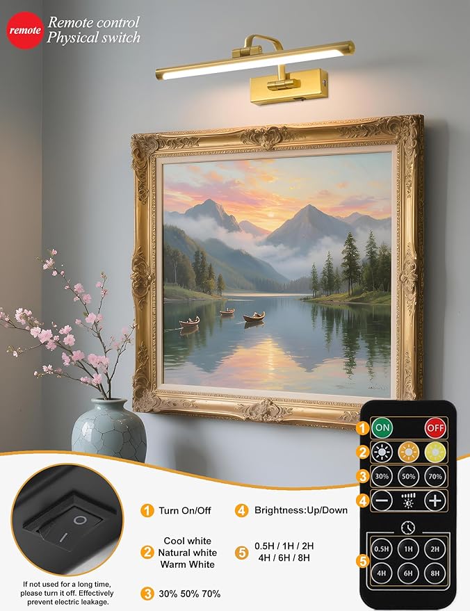 Picture Light for Wall,Gold 16 inch Rechargeable Art Battery Lights Wireless Remote and Timer,Dimmable Wall Sconce Battery LED Painting Light with 3 Color Temperatures for Gallery,Living Room,Hallway