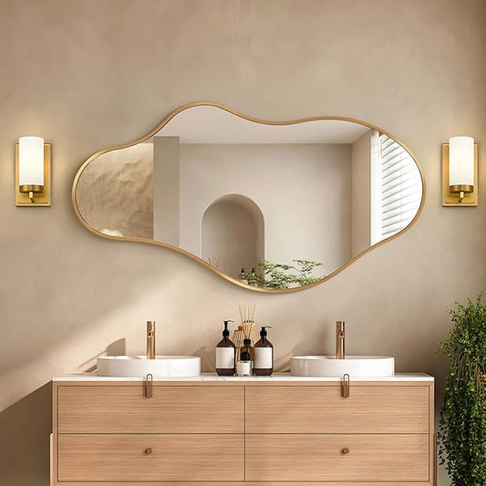 Irregular Wall Mirror, 24"x43" Gold Abstract Asymmetrical Mirrors for Wall, Decorative Cloud Wavy Mirror for Bathroom, Bedroom, Cloakroom, Entryway, Shatter-Proof Aluminum Alloy Frame