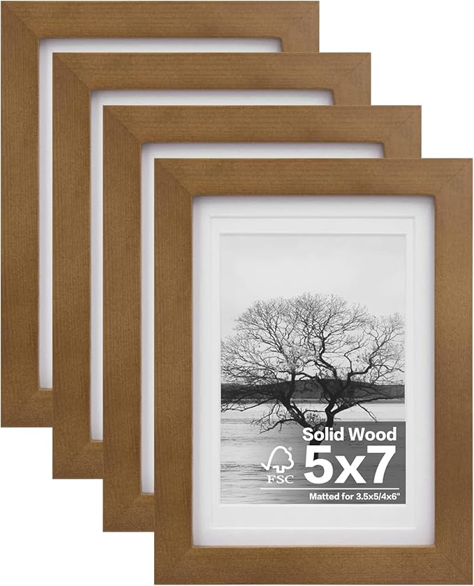 Egofine 5x7 Picture Frames 4 Pack Made of Solid Wood Covered by Plexiglass Matted for 4x6 or 3.5x5 for Table Top Display and Wall Mounting Photo Frame, Light Brown