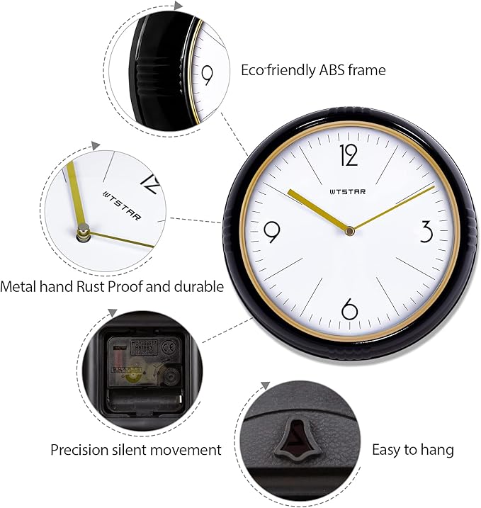 Retro Wall Clock Kitchen 50's Vintage Design Quality Quartz Battery Operated Round Silent Non Ticking for Home School Office Camper Trailer Black 9.5 inch Mid-Century Look