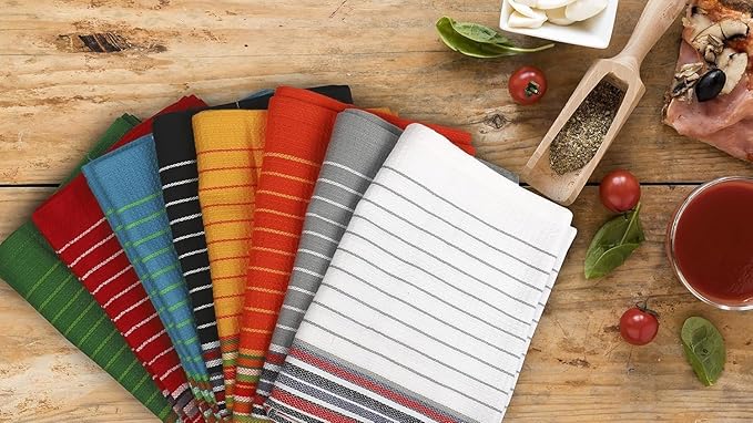 Urban Villa Kitchen Towels, Premium Quality, Cotton Dish Towels,Mitered Corners,Ultra Soft (Size: 20X30 in),Multi Color Waffle Stripes, Highly Absorbent Bar Towels & Tea Towels - (Set of 8)