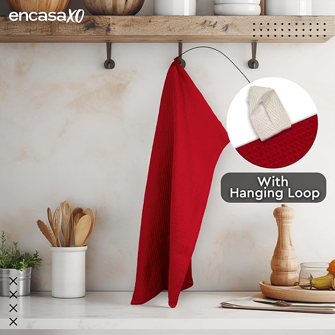 Encasa XO Kitchen Dish Towels Set | Red | Waffle Weave and Flat Hand Tea Towel | 28&quot;x18&quot; | Quick Drying Reusable Cotton Washcloths | Multipurpose Lightweight Dishcloths Set of 4