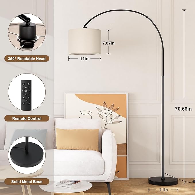Ambimall Dimmable Arc Floor Lamp with Remote, Color Temperatures and Brightness Adjustable, Arched Floor Lamp with Rotating Head, Over Couch Arched Reading Light for Living Room (Deep Beige and Black)
