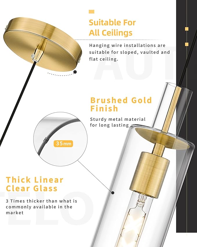 AUTELO 2 Pack Pendant Lights Kitchen Island, Vintage Pendant Light Fixtures in Brushed Gold Metal Finish, Gold Pendant Lights, Glass Hanging Lights for Kitchen Island, Dining Room, H3875 BG-M-2P
